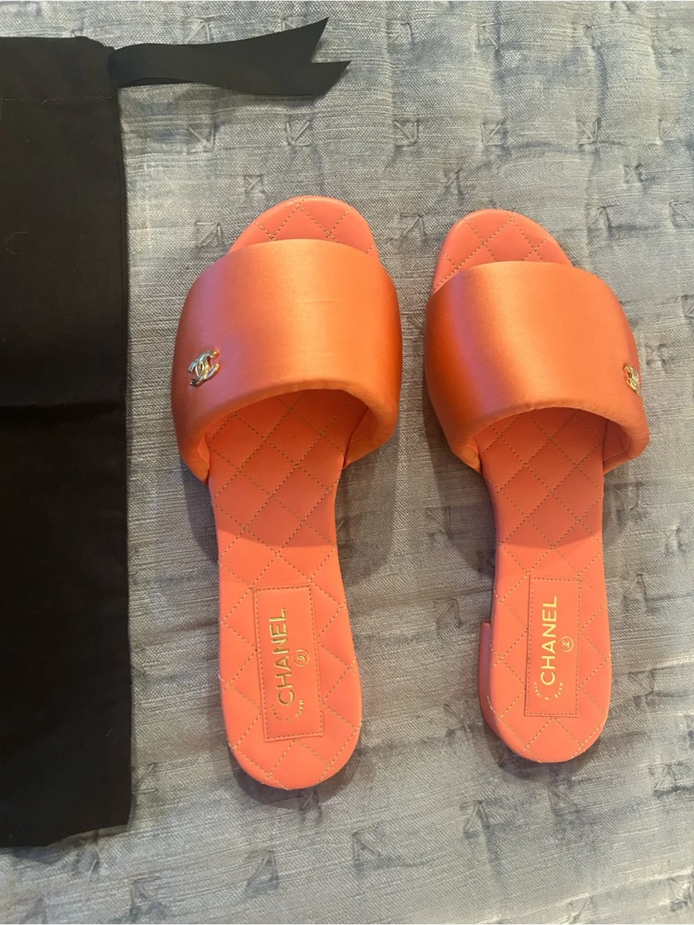 CHANEL Coral Pink Slide Sandal with Gold CC Accent
